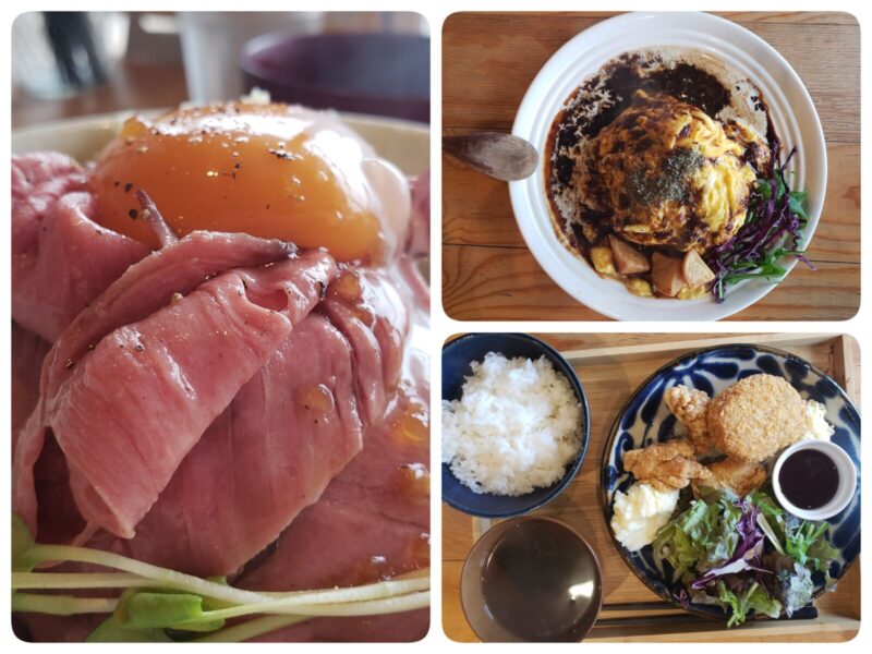 ローストビーフ丼、オムライス、コロッケ定食