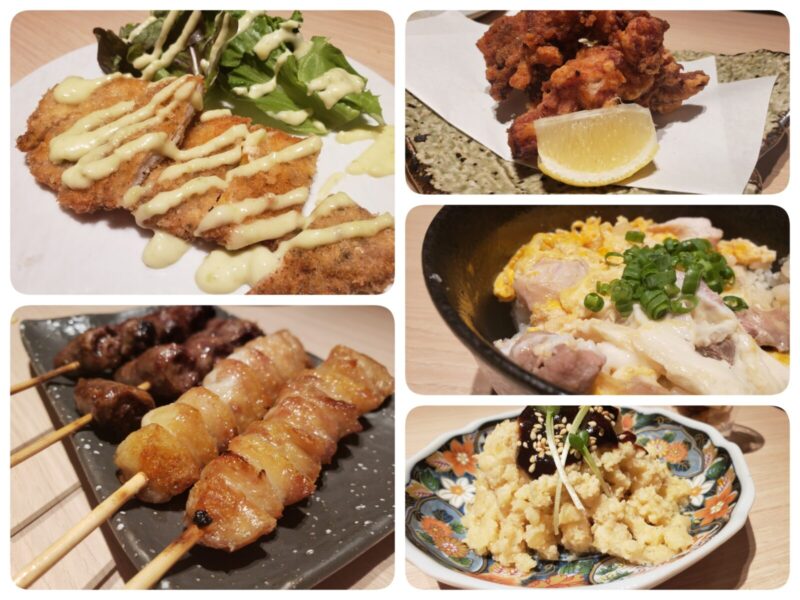 ささみカツ、ぼんじり＆ハツ、味噌ポテトサラダ、親子丼、俺のだし利用のから揚げ＠俺のやきとり
